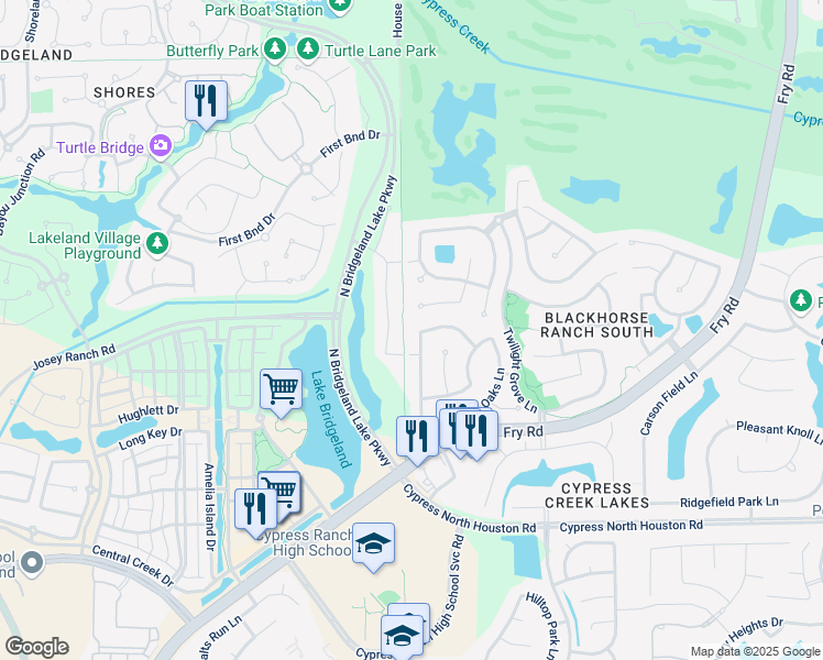 map of restaurants, bars, coffee shops, grocery stores, and more near 11623 Columbia Pines Ln in Cypress