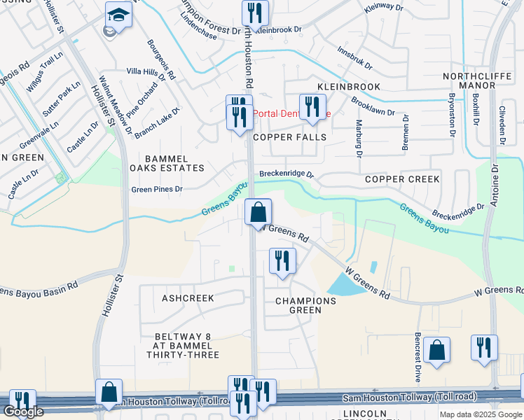 map of restaurants, bars, coffee shops, grocery stores, and more near 11610 Bammel North Houston Road in Houston
