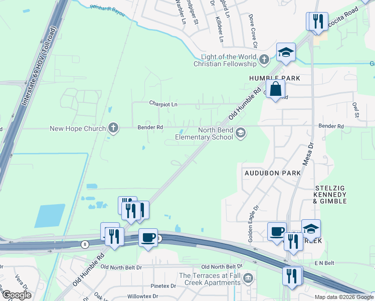 map of restaurants, bars, coffee shops, grocery stores, and more near 15619 Old Humble Road in Humble