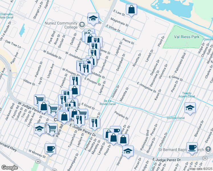 map of restaurants, bars, coffee shops, grocery stores, and more near 420 East Solidelle Street in Chalmette