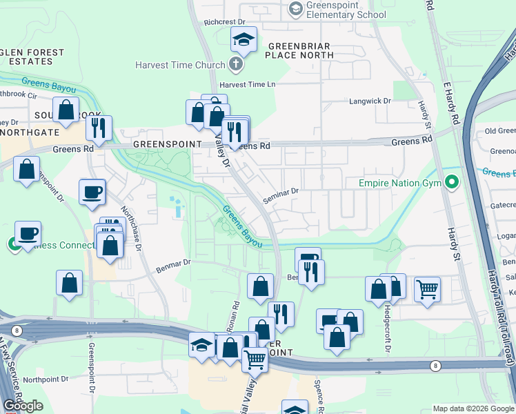 map of restaurants, bars, coffee shops, grocery stores, and more near Imperial Valley Dr & Seminar Dr in Houston
