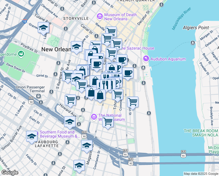 map of restaurants, bars, coffee shops, grocery stores, and more near 400 Lafayette Street in New Orleans