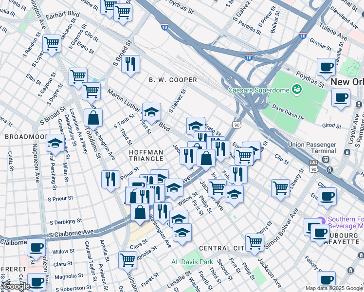 map of restaurants, bars, coffee shops, grocery stores, and more near 3200 Josephine Street in New Orleans
