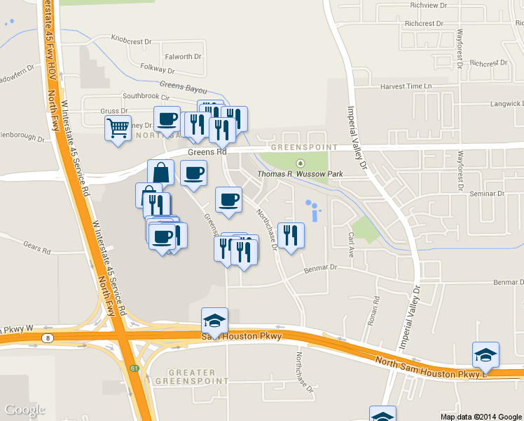map of restaurants, bars, coffee shops, grocery stores, and more near 16945 Northchase Drive in Houston
