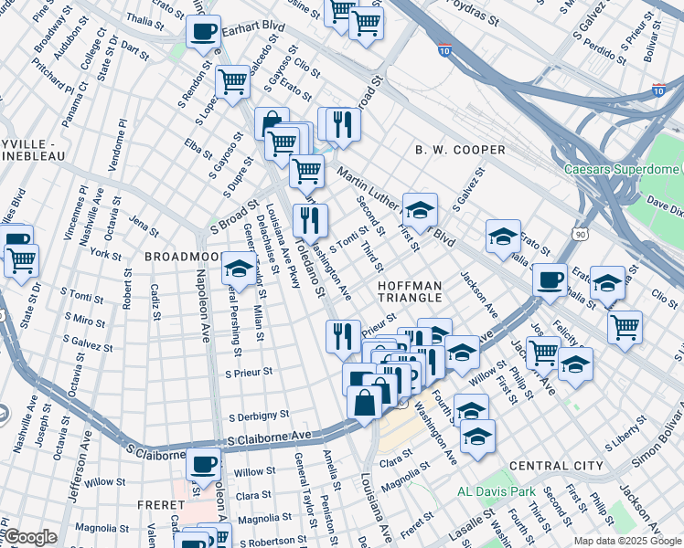 map of restaurants, bars, coffee shops, grocery stores, and more near 2700 South Miro Street in New Orleans