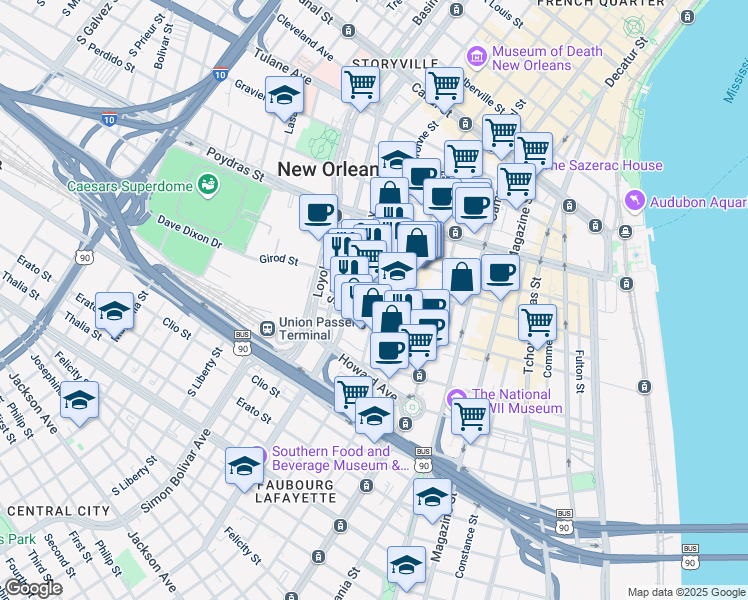 map of restaurants, bars, coffee shops, grocery stores, and more near 710 Baronne Street in New Orleans