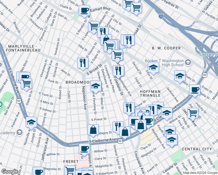 map of restaurants, bars, coffee shops, grocery stores, and more near 3717 Delachaise Street in New Orleans