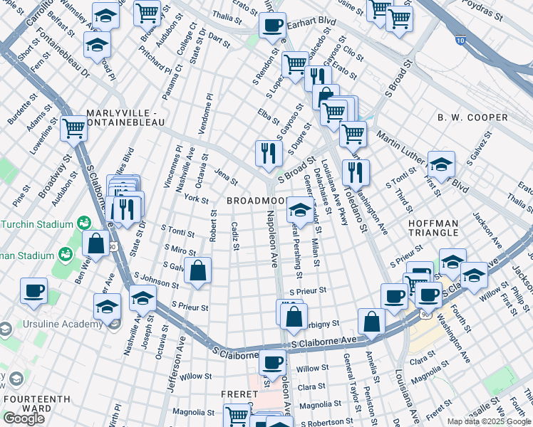 map of restaurants, bars, coffee shops, grocery stores, and more near in New Orleans