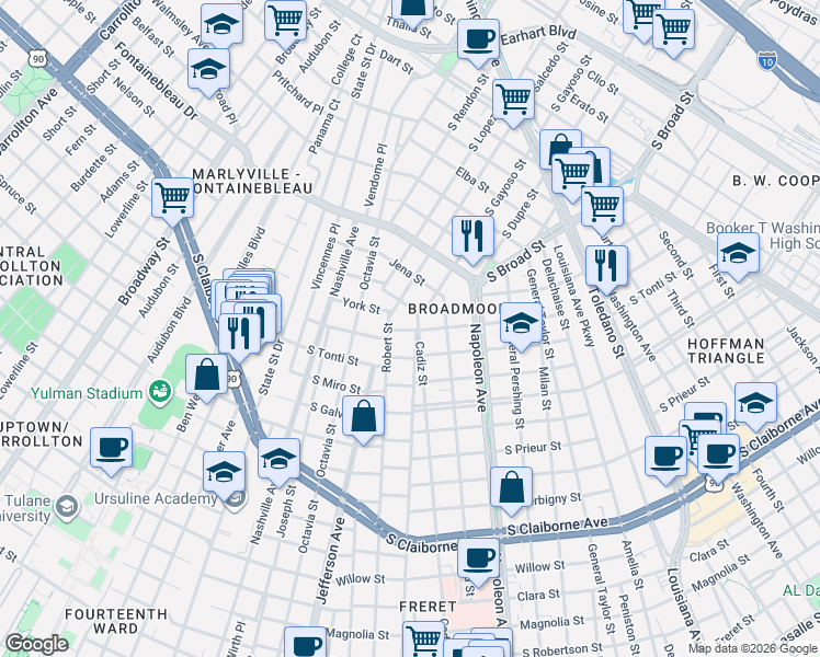 map of restaurants, bars, coffee shops, grocery stores, and more near 3801 Cadiz Street in New Orleans
