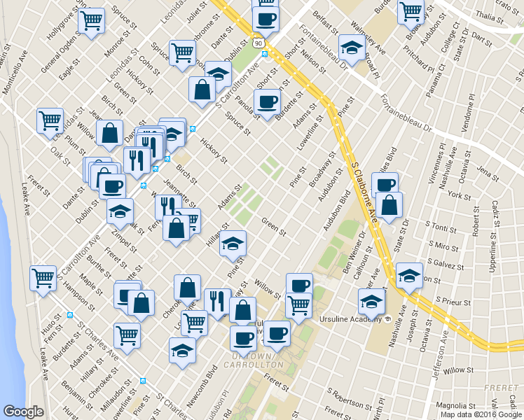 map of restaurants, bars, coffee shops, grocery stores, and more near 7331 Green Street in New Orleans