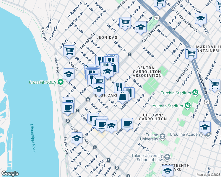 map of restaurants, bars, coffee shops, grocery stores, and more near 1327 Short Street in New Orleans