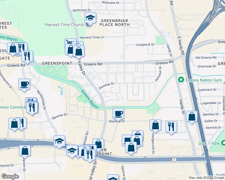 map of restaurants, bars, coffee shops, grocery stores, and more near 17050 Imperial Valley Drive in Houston