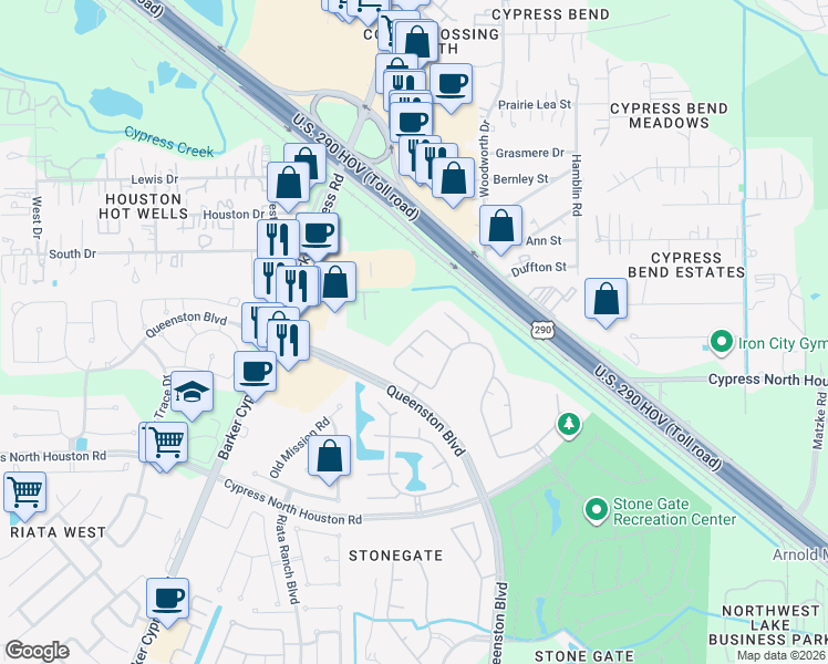 map of restaurants, bars, coffee shops, grocery stores, and more near 16518 North Canyon Trace Drive in Houston