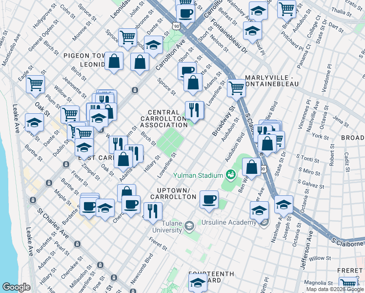 map of restaurants, bars, coffee shops, grocery stores, and more near 1701 Hillary Street in New Orleans