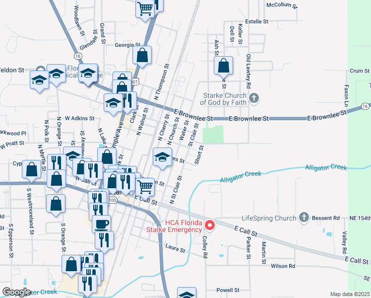 map of restaurants, bars, coffee shops, grocery stores, and more near 427 Saint Clair Street in Starke