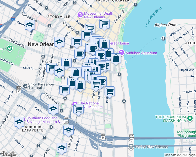 map of restaurants, bars, coffee shops, grocery stores, and more near 601 Tchoupitoulas Street in New Orleans