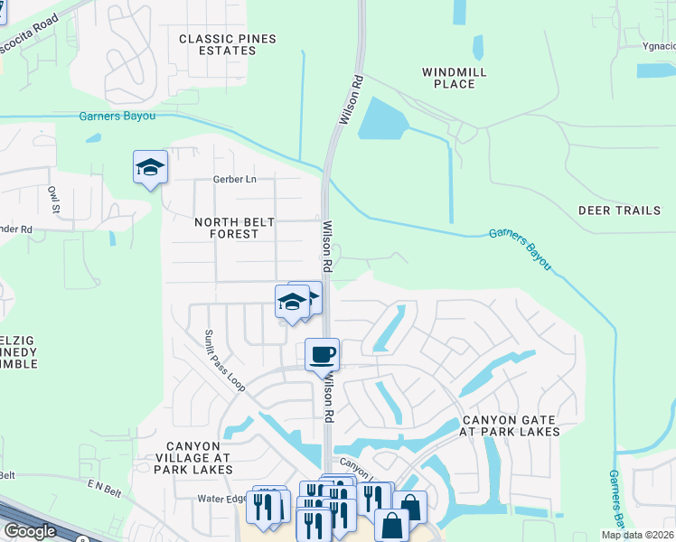 map of restaurants, bars, coffee shops, grocery stores, and more near 4125 Wilson Road in Humble