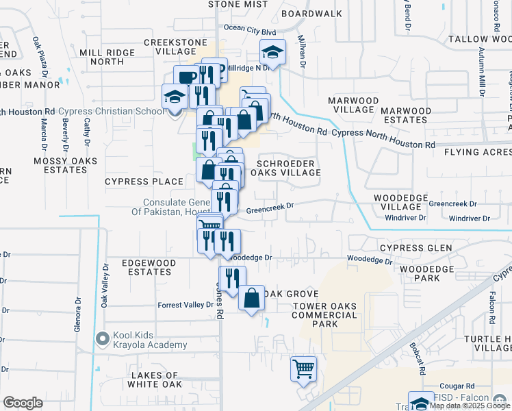 map of restaurants, bars, coffee shops, grocery stores, and more near 10710 Greencreek Drive in Houston