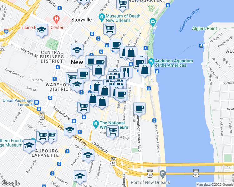 map of restaurants, bars, coffee shops, grocery stores, and more near 601 Tchoupitoulas Street in New Orleans