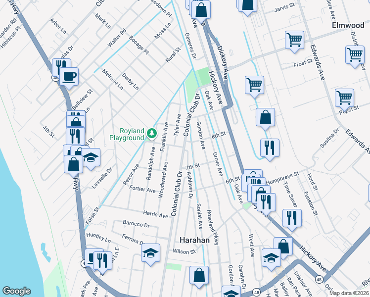 map of restaurants, bars, coffee shops, grocery stores, and more near 745 Ashlawn Drive in Harahan
