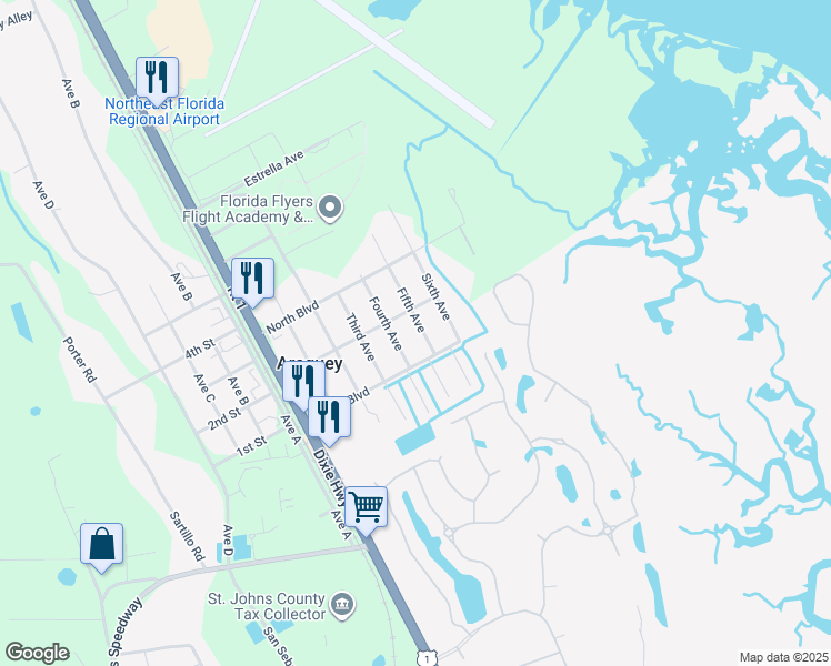 map of restaurants, bars, coffee shops, grocery stores, and more near 4569 Fifth Avenue in St. Augustine