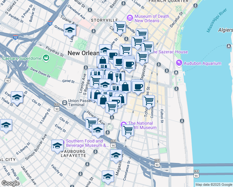 map of restaurants, bars, coffee shops, grocery stores, and more near 730 Girod Street in New Orleans