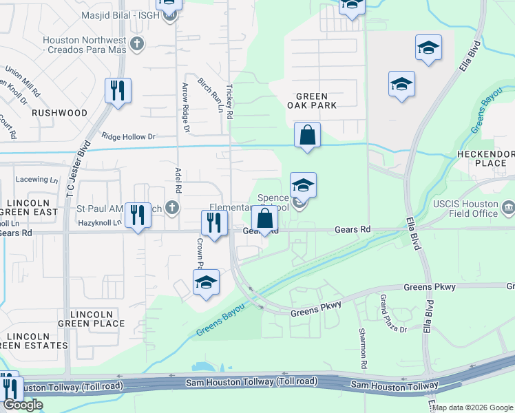 map of restaurants, bars, coffee shops, grocery stores, and more near 1418 Gears Road in Houston