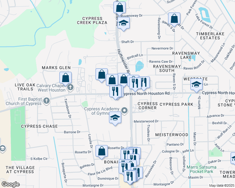 map of restaurants, bars, coffee shops, grocery stores, and more near 13837 Cypress North Houston Road in Cypress