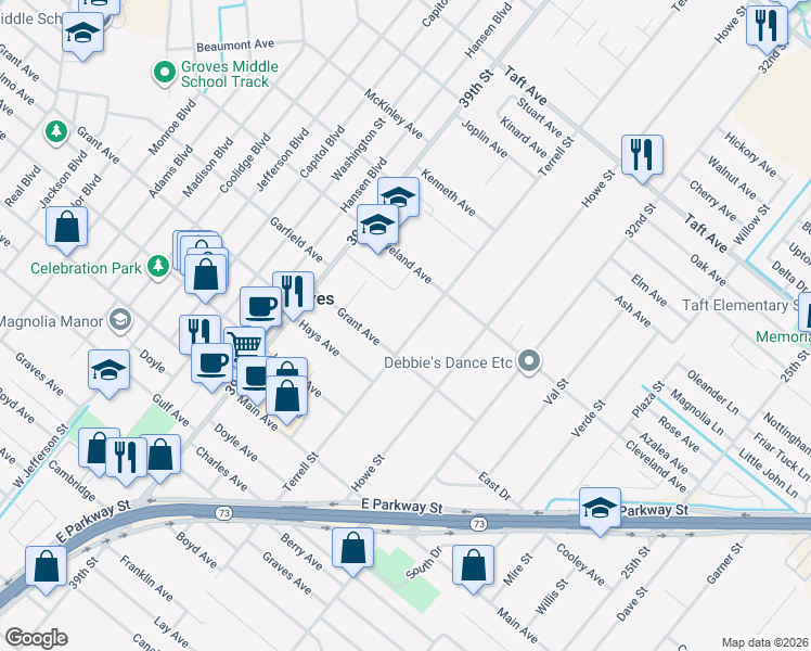 map of restaurants, bars, coffee shops, grocery stores, and more near 6373 Terrell Street in Groves