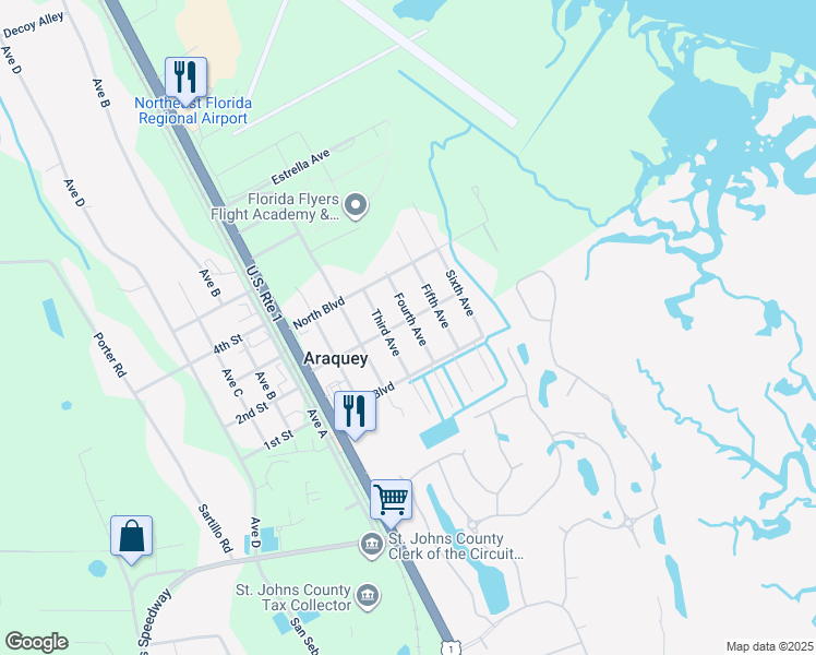 map of restaurants, bars, coffee shops, grocery stores, and more near 217 Jackson Boulevard in St. Augustine
