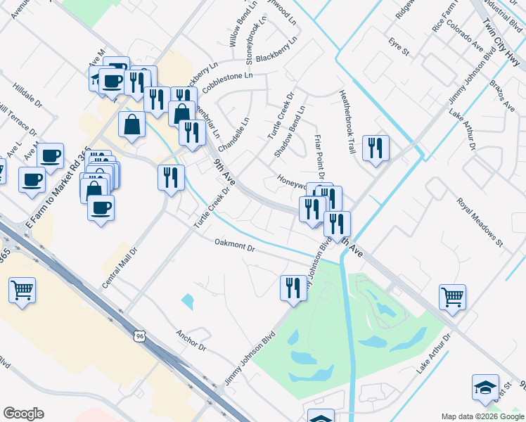 map of restaurants, bars, coffee shops, grocery stores, and more near 7601 9th Avenue in Port Arthur