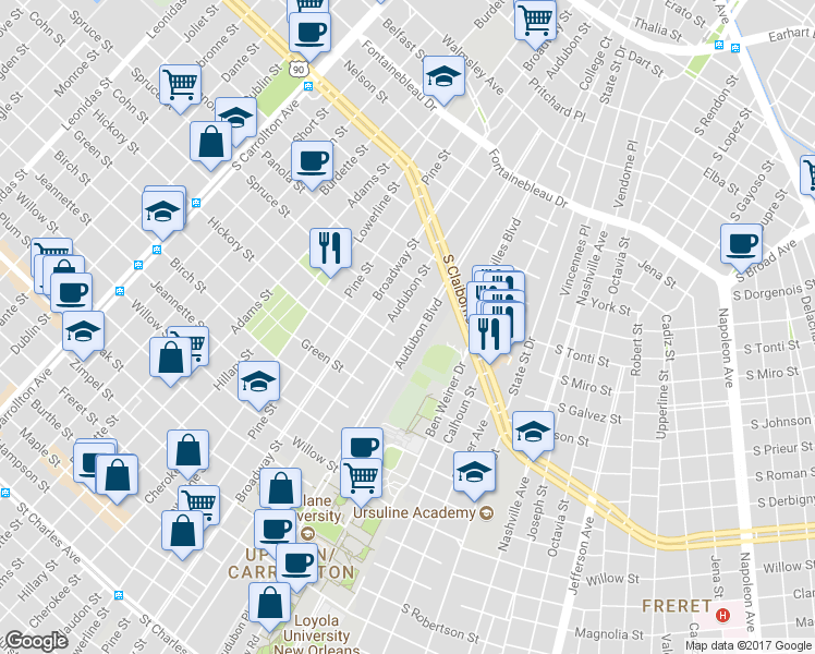 map of restaurants, bars, coffee shops, grocery stores, and more near 200 Audubon Boulevard in New Orleans