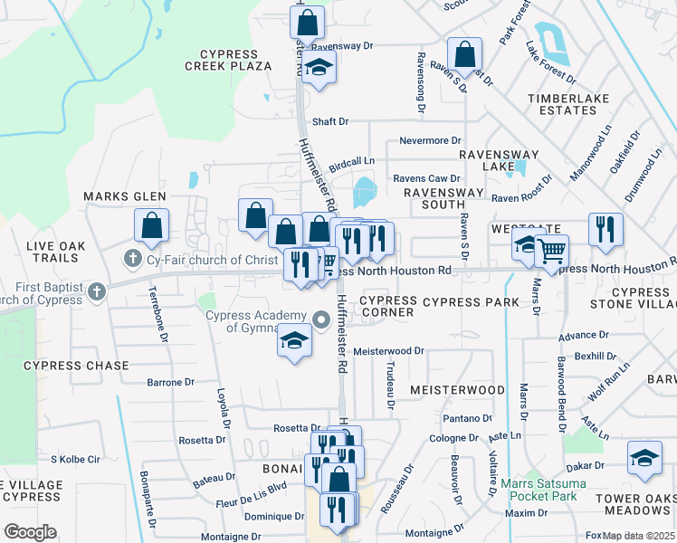 map of restaurants, bars, coffee shops, grocery stores, and more near Huffmeister Rd & Cypress North Houston Rd in Houston
