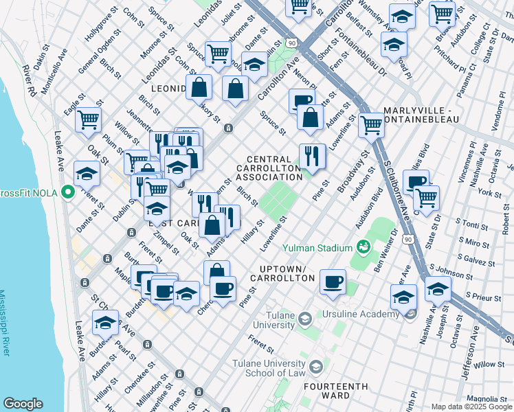 map of restaurants, bars, coffee shops, grocery stores, and more near 1601 Adams Street in New Orleans