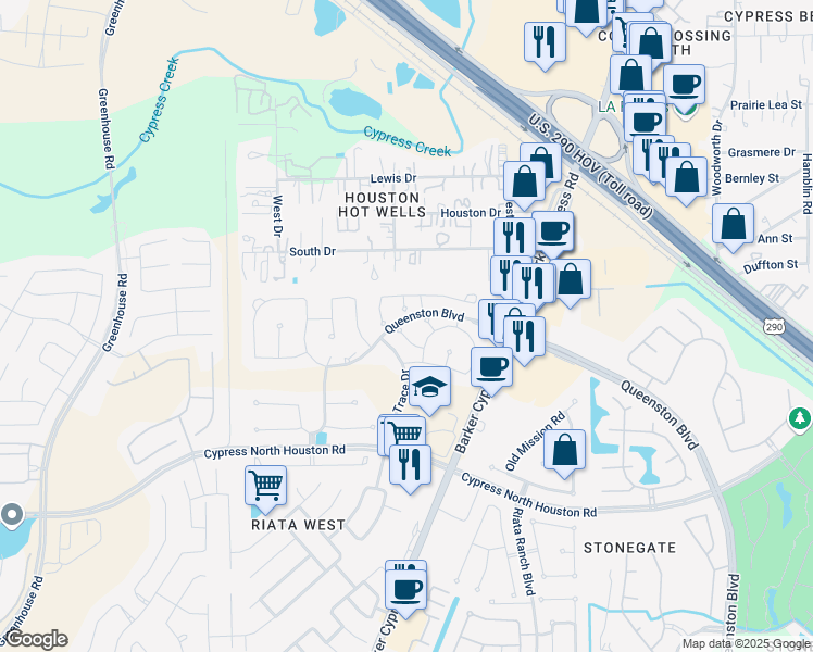 map of restaurants, bars, coffee shops, grocery stores, and more near 17318 Waterfall Swift Way in Harris County