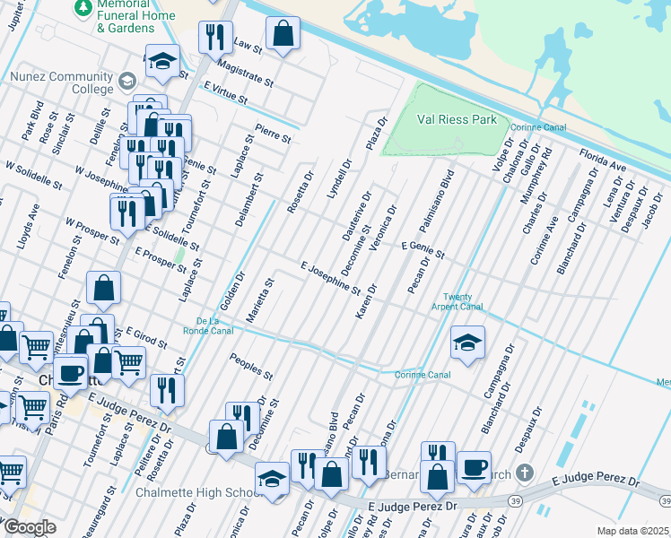 map of restaurants, bars, coffee shops, grocery stores, and more near 3416 Decomine Street in Chalmette