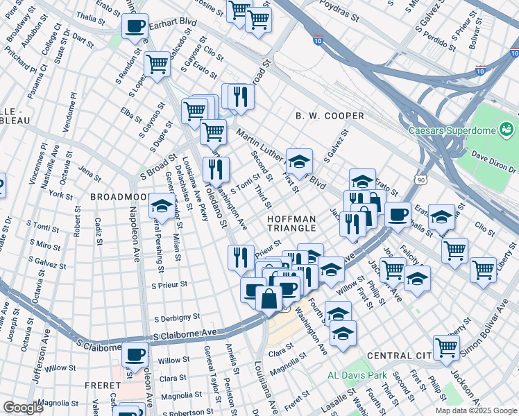 map of restaurants, bars, coffee shops, grocery stores, and more near 3510 Third Street in New Orleans