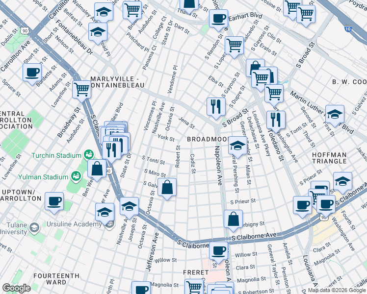 map of restaurants, bars, coffee shops, grocery stores, and more near 3720 Robert Street in New Orleans