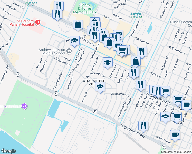 map of restaurants, bars, coffee shops, grocery stores, and more near 57 West Carolina Drive in Chalmette