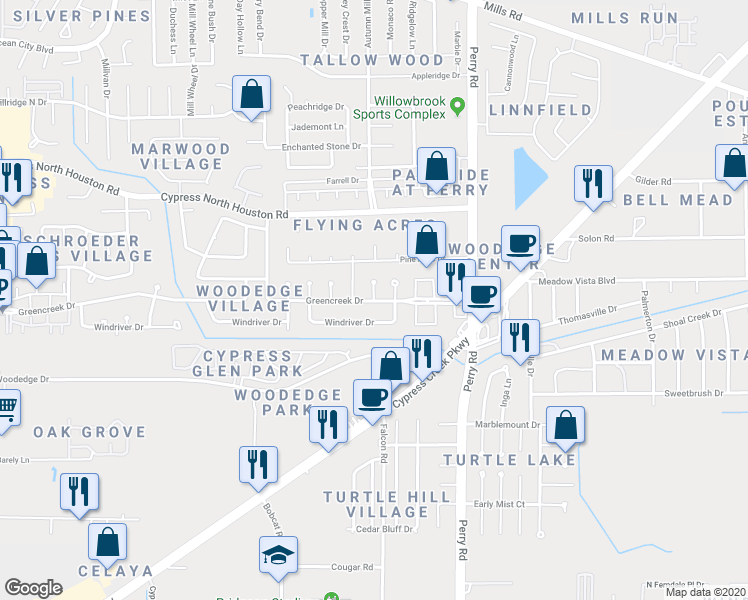 map of restaurants, bars, coffee shops, grocery stores, and more near 10802 Greencreek Circle in Houston