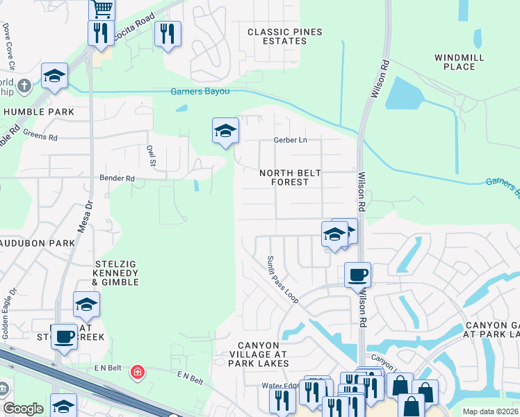 map of restaurants, bars, coffee shops, grocery stores, and more near 9230 Kens Run in Humble