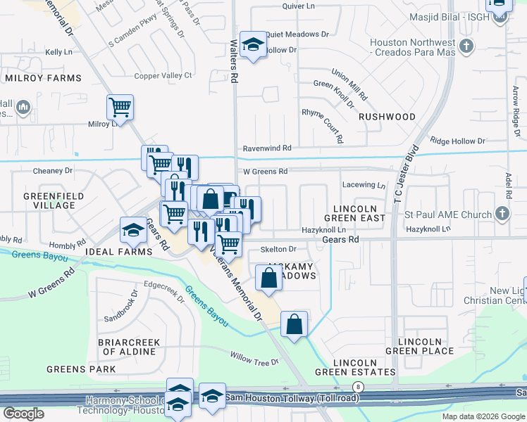 map of restaurants, bars, coffee shops, grocery stores, and more near 11322 Paramount Lane in Houston