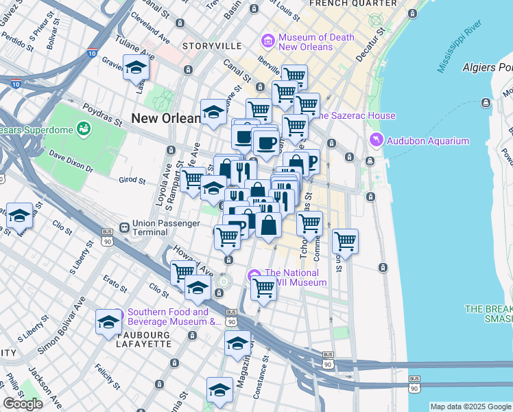 map of restaurants, bars, coffee shops, grocery stores, and more near 600 South Maestri Place in New Orleans