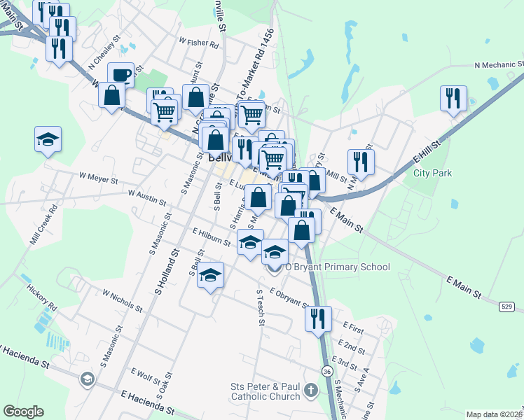 map of restaurants, bars, coffee shops, grocery stores, and more near 123 South Matthews Street in Bellville