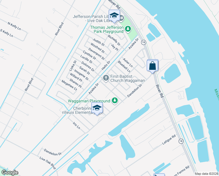 map of restaurants, bars, coffee shops, grocery stores, and more near 37 Gardenia Lane in Westwego