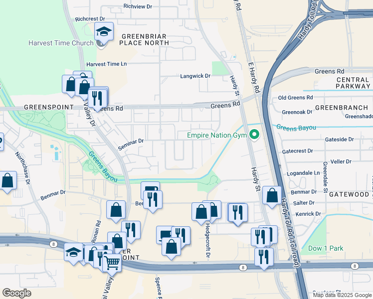 map of restaurants, bars, coffee shops, grocery stores, and more near 17110 Ivy Creek Lane in Houston