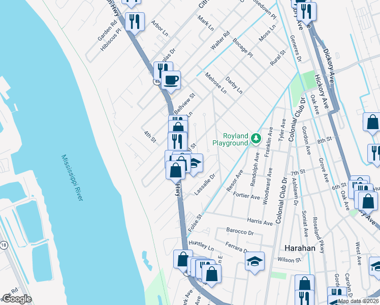 map of restaurants, bars, coffee shops, grocery stores, and more near 208 Rural Street in River Ridge