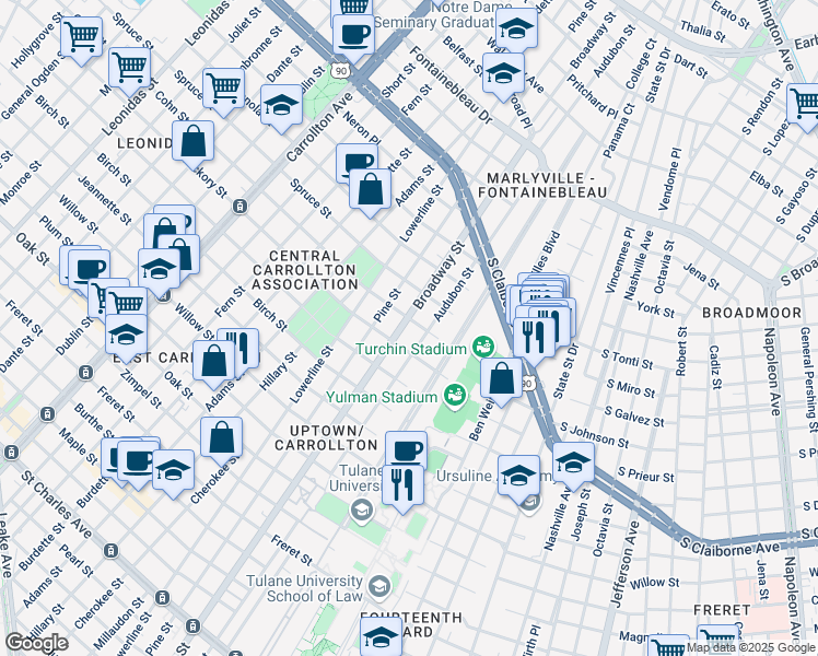 map of restaurants, bars, coffee shops, grocery stores, and more near 1825 Broadway Street in New Orleans