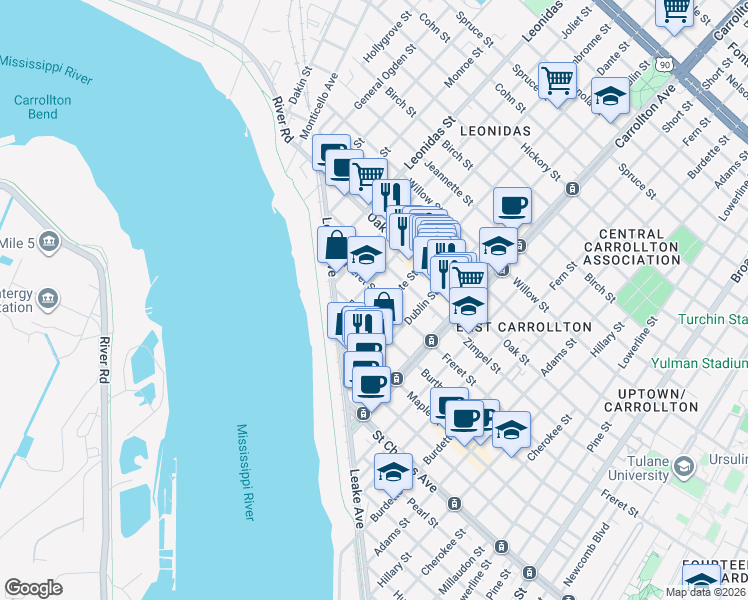 map of restaurants, bars, coffee shops, grocery stores, and more near 8310 Freret Street in New Orleans