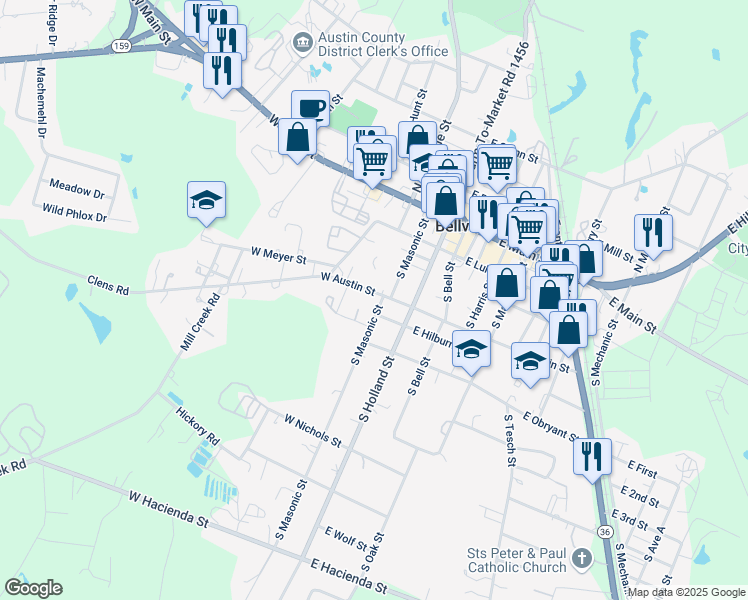 map of restaurants, bars, coffee shops, grocery stores, and more near 312 South Masonic Street in Bellville